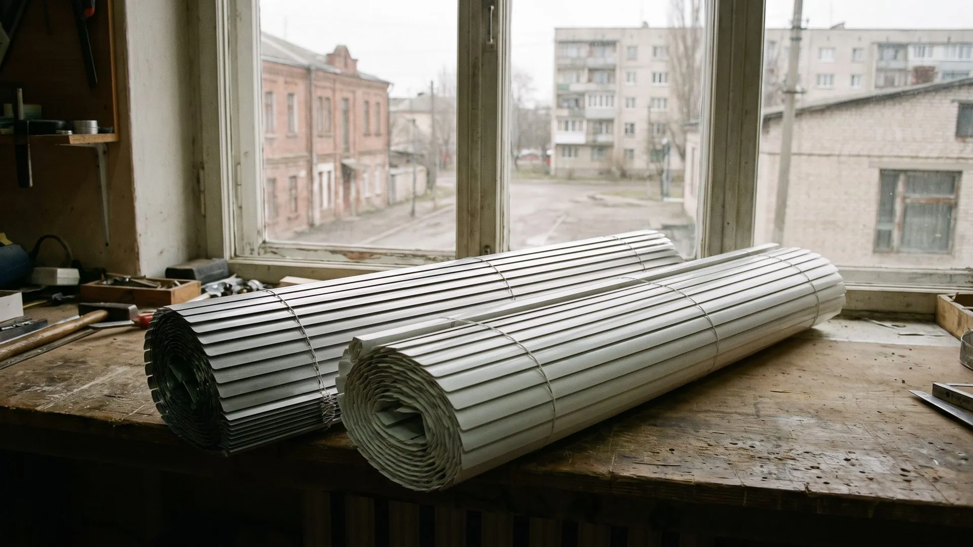 Два згортки ламелей горизонтальних жалюзі поруч на підвіконні: тонкі алюмінієві та товщі пластикові