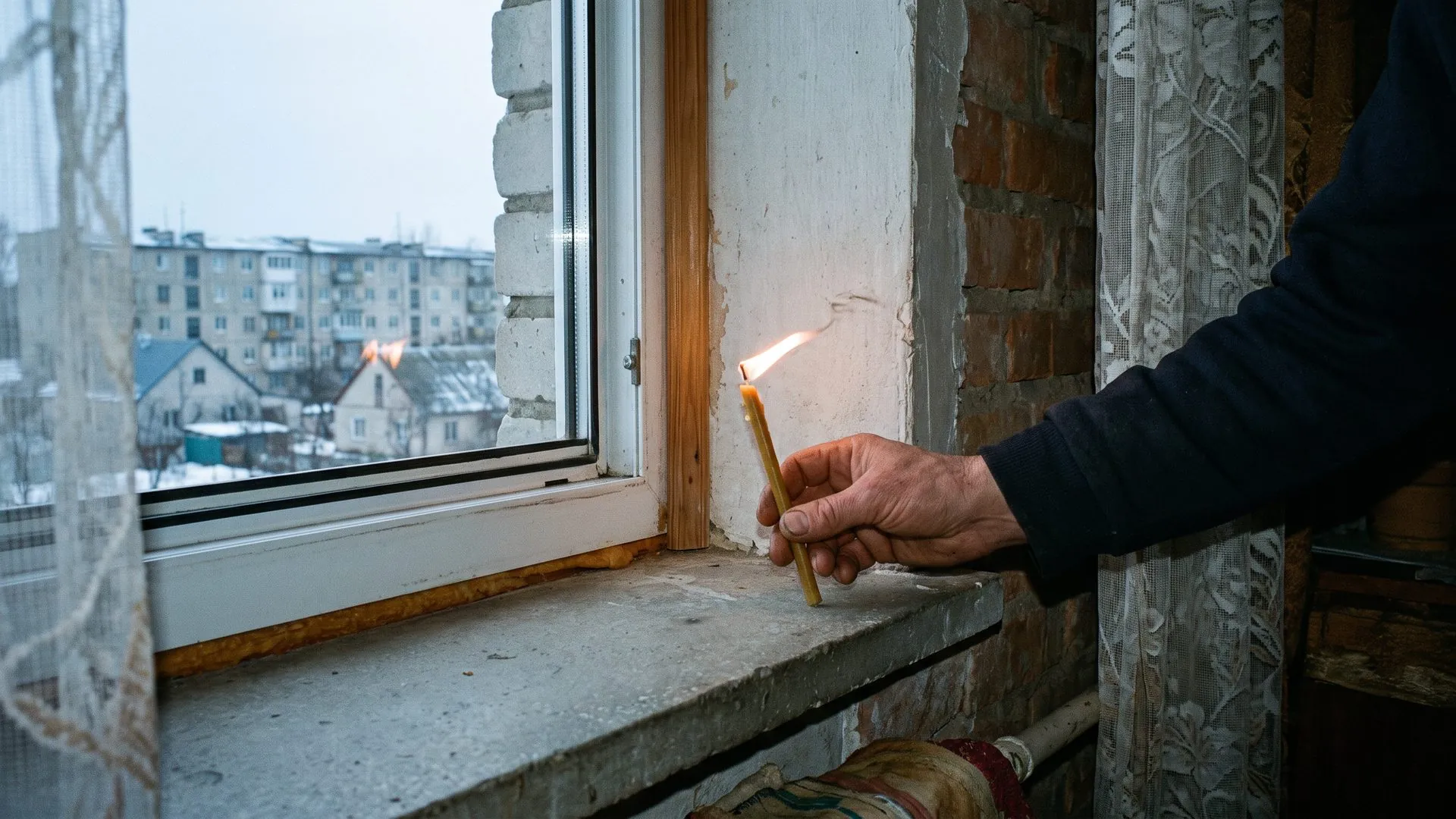 Полумʼя свічки відхиляється біля стику віконної рами зі стіною — перевірка протягу з-під вікна