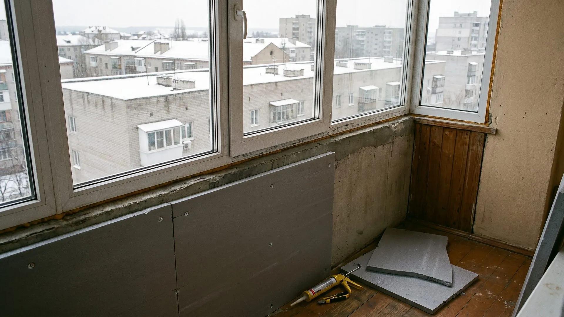 Плити утеплювача, закріплені на парапеті засклленого балкона, за склом — засніжені дахи
