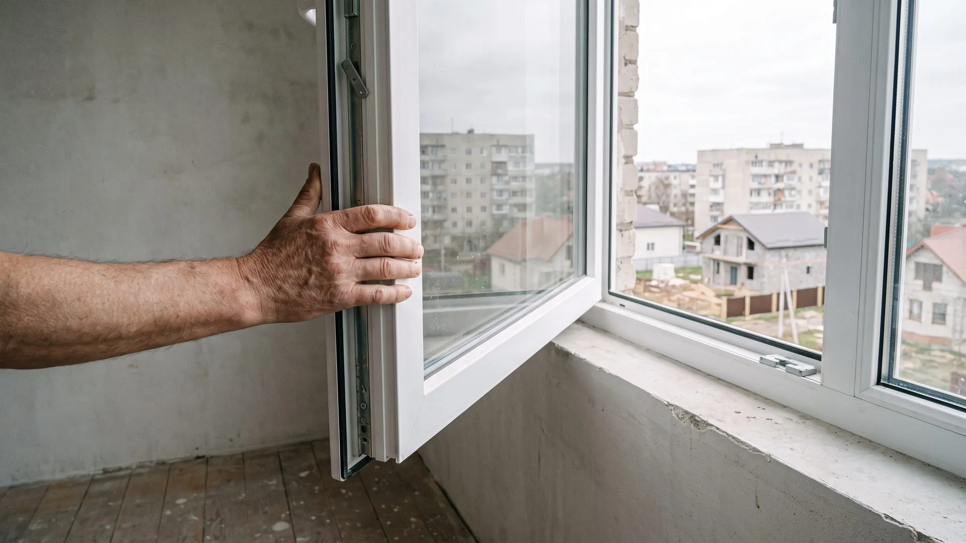 Рука притримує відчинену стулку нового білого металопластикового вікна в порожній кімнаті після ремонту